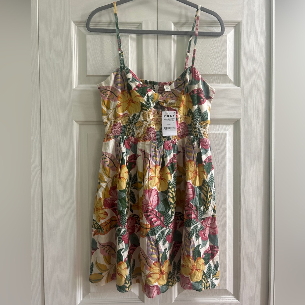 Roxy Sunrise Vibes Linen Blend Dress Women’s Size L Tropical Floral Sundress NWT